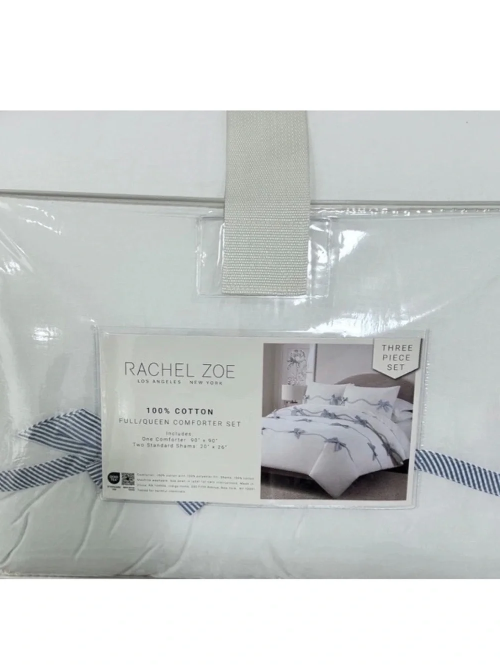 Rachel Zoe Full/Queen White and Blue Cotton Comforter Set All Over Bow Design
